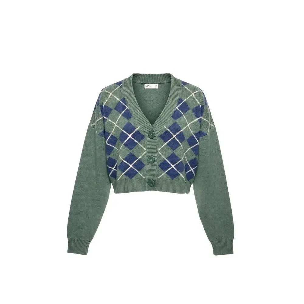 Hollister Argyle Cardigan Womens Cropped Green Small Preppy Academia